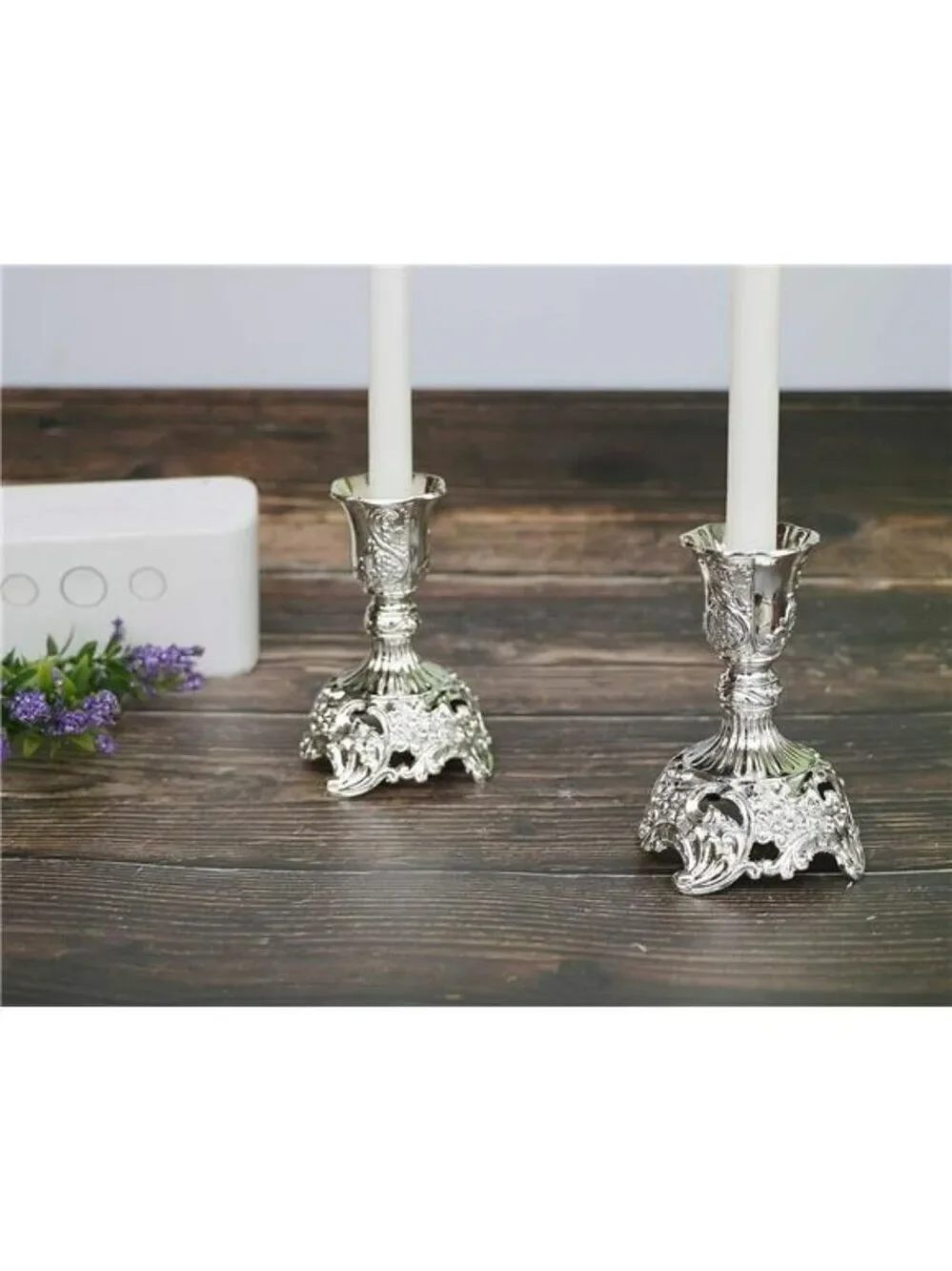Silver Metal Taper Candle Holders Set of 2 Engraved Decorative Candlestick Decor